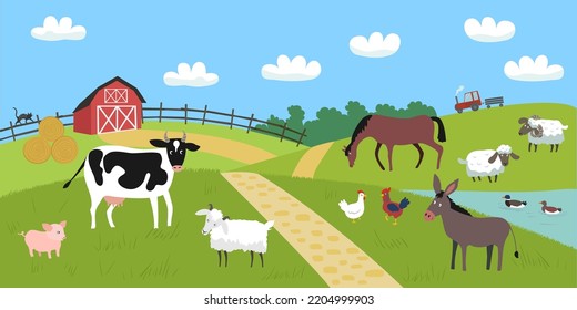 Landscape with red farm and animals. Cow, sheep, horse, donkey, pig, rooster and hen, ducks, goat and cat. Vector flat illustration