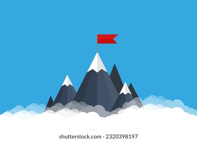 
Paisaje con una bandera roja en el pico de las montañas de dibujos animados, arriba del cielo con nubes. Ilustración del concepto de éxito. Superar dificultades. Vector.