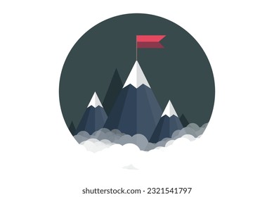 Landscape with a red flag on on peak of a cartoon mountains, up the sky with clouds. Success concept isolated in circle. Overcoming difficulties logo. Vector.