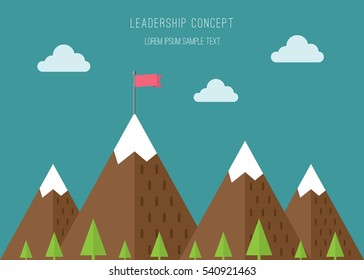 Landscape with Red flag on top of Mountain, Leadership concept, Flat style vector illustration EPS 10.