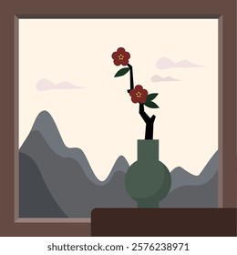 The landscape and red flowers through the window