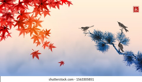 Landscape with red japanese maple leaves, sky and three birds on pine tree. Traditional Japanese ink wash painting sumi-e. Hieroglyph - eternity.