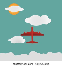 Landscape of Red plane on green sky and clouds with low polygon sun in flat design,Vector illustration.