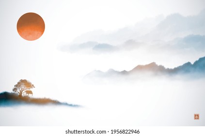 Landscape with red sun and blue misty forest mountains. Traditional oriental ink painting sumi-e, u-sin, go-hua. Translation of hieroglyph - eternity.