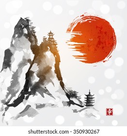 Landscape with red sun, high mountains and two pagodas, Hand-drawn with ink in traditional Japanese style sumi-e. Contains hieroglyph - happiness.