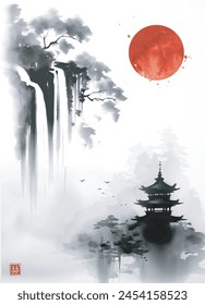  Landscape with red sun, pagoda temple and forest waterfall, shrouded in mist. Traditional oriental ink painting sumi-e, u-sin, go-hua. Hieroglyph - double luck