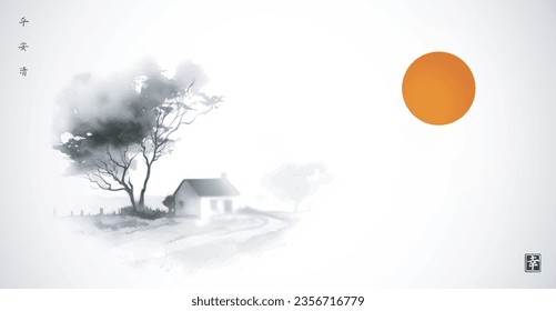 Landscape with red sun and small house under a large tree.Traditional oriental ink painting sumi-e, u-sin, go-hua. Hieroglyphs - peace, tranquility, clarity, happiness. Minimalist style.