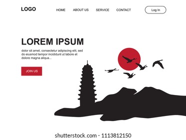 landscape with red sun and wild ducks. simple illustrative landing page. 