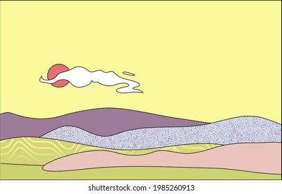Landscape with red sun, yellow sky, and cloud. Textured hills in comic style. Trendy flat and line vector background. 