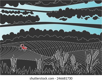 Landscape with red tractor. Dawn