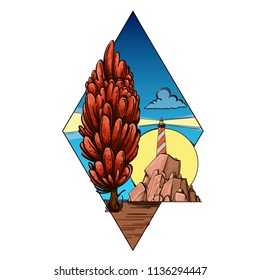 Landscape with red tree, lighthouse and rock in the shape of diamond. Vector illustration isolated on white background for posters, stickers and much more.