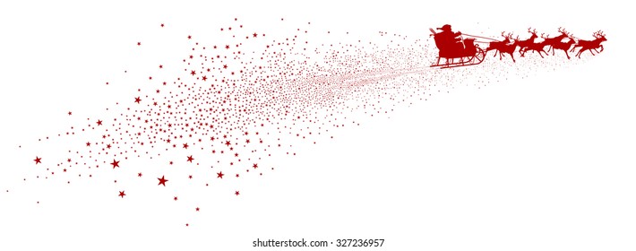 Landscape Red and White Star Trail with Flying Santa Claus and Reindeer Sled Panorama - Star Cluster Tail - White Background - Vector Illustration