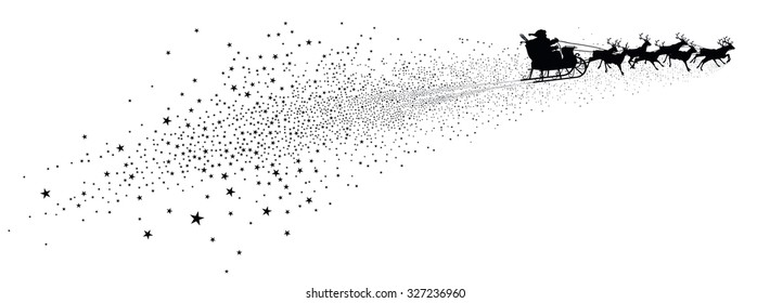 Landscape Red And White Star Trail With Flying Santa Claus And Reindeer Sled Panorama - Star Cluster Tail - White Background - Vector Illustration