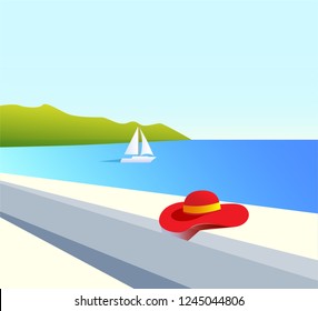 landscape with red woman hat, relax art poster sunny summer sea landscape vector illustration, red hat on the seashore, travel, leisure concept, pop art picture