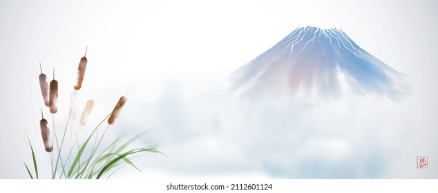 Landscape with reed grass and blue Fujiyama mountain in fog. Traditional oriental ink painting sumi-e, u-sin, go-hua. Translation of hieroglyph - fog