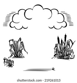 Landscape. Reeds and clouds. Space for text.