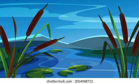 Landscape with reeds on background of mountains. Beautiful natural scenery.