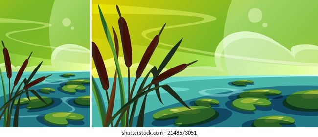 Landscape with reeds on the lake. Natural scenery in different formats.