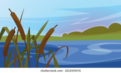 Landscape with reeds on the river. Beautiful natural scenery.