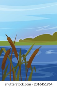 Landscape with reeds on the river. Natural scenery in vertical orientation.