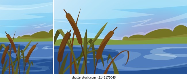 Landscape with reeds on the river. Natural scenery in different formats.