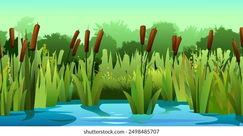 Landscape with reeds. River bank. Coastal plants. Thickets of wild shoots.