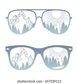 Landscape reflecting in sunglasses. Vector hand drawn illustration on white background. 