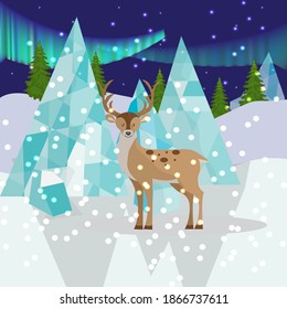 Paisaje con renos, montañas heladas y luces del norte, lugar de nacimiento de Santa Claus y Santa Claus, tarjeta de invierno, pancarta, afiche. Ilustración del vector