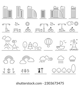 Landscape related icons: thin vector icon set. City park and buildings icons, editable stroke.