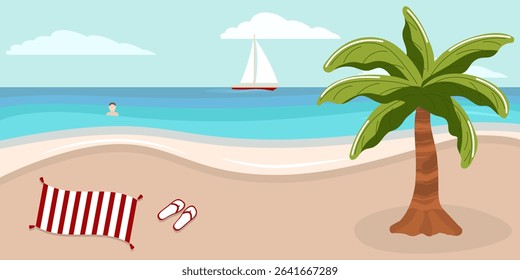 Landscape of relax tropical sandy beach. Calm coast of the sea. Sunny sea bays. Horizontal natural landscape with palm, yacht, man, towel and flip flops. Flat style draw. Holiday on paradise island.