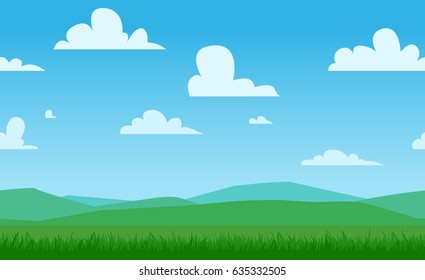 Landscape repeated border. Grass field, mountains and cloudy sky. Vector design.
