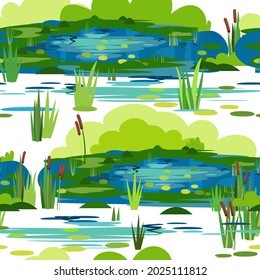 Landscape with a reservoir. Seamless pattern. Plants, grass, reeds and cattails. Small swamp, pond, lake or puddle. Miltic design flat style. Illustration vector.