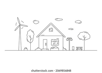 Landscape with residential building drawn by contour lines on a white background. Editable stroke. Energy saving. Vector illustration in line art style.
