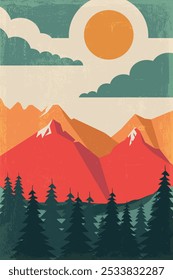 Cartaz retrô paisagem com formas abstratas de montanhas, floresta. América, Canadá, Suíça ilustração vetor de viagem vintage da natureza