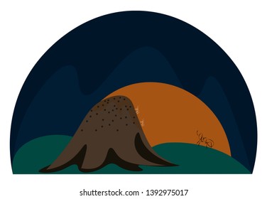 A landscape of a rising sun and an anthill in the form of a mound built by ants  vector  color drawing or illustration
