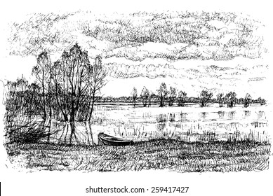 Landscape with river and boat - isolated black white vector illustration stylized engraving