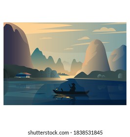 Ilustración de paisajes en ríos y barcos