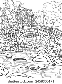 Landscape with river and bridge. Coloring book