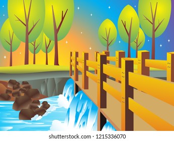 landscape river bridge and hill vector illustration