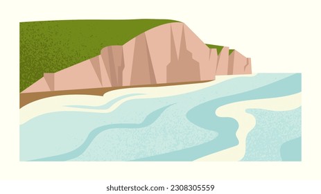 Landscape river concept. Beach near water. Beauty and aesthetics, panorama and forest. Wildlife and flora, terrain. Cartoon flat vector illustration isolated on white background
