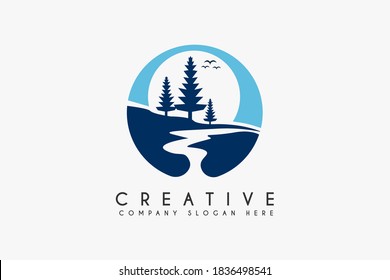 Landscape River Creek Logo Design, Vector Nature Brand Logo