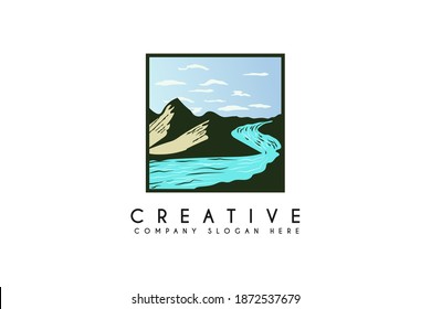 Landscape River Creek Logo Design with mountain, Vector Nature Brand Logo