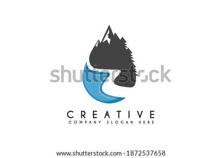 Landscape River Creek Logo Design with mountain, Vector Nature Brand Logo