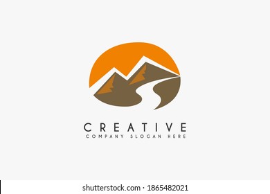 Landscape River Creek mountain Logo Design, Vector Nature Brand Logo