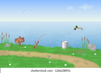 Landscape with river and different things for fishing. Morning scene on the bank of the water with a fish rod, a net, a bucket on the green grass.