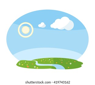 Landscape with river and field of flowers