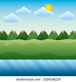 landscape river field mountains day sky