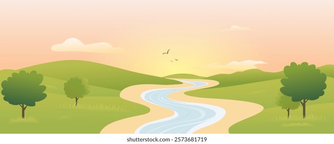 Landscape of a river flowing among green fields, meadows, forests and hills. Beautiful summer landscape. Morning in nature. Green grass and river. Fields and fast river.