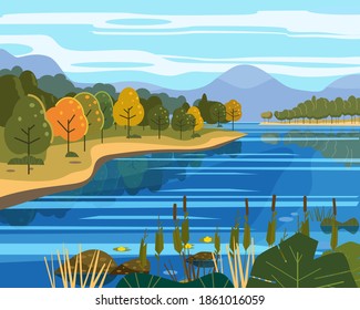 Landscape river flowing to mountains, hills. Coast autumn scenic forest, meadows. Vector illustration background poster banner trendy flat cartoon style