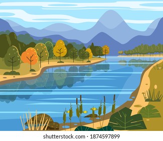 Río paisajístico fluyendo hacia montañas, colinas. Bosque panorámico de otoño costero, prados. Cartel de afiche de fondo de ilustración de vector estilo de dibujos animados planos de moda